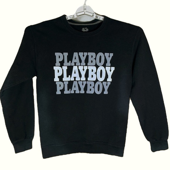 Playboy Sweatshirt Women Crew Neck Long Sleeve Black Gray White Logo Size Small - Picture 1 of 16